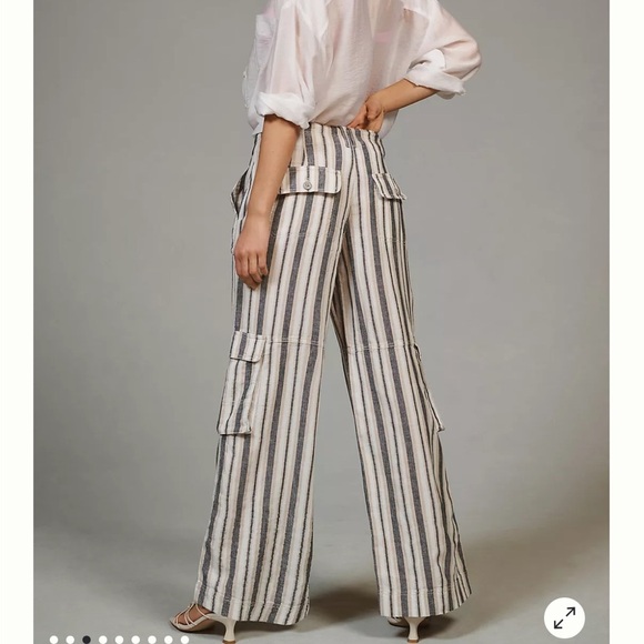 Pilcro Blue/White Stripe Linen Cotton Beach Wide Leg Baggy Cargo Pants - Picture 4 of 15